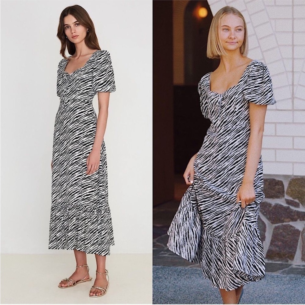 Faithfull The Brand Gabriela Zebra Stripe Black White Puff Sleeve Midi Dress M